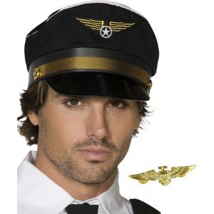 Carnaval verkleed set - pilotenpet - zwart - met een wings broche - heren/dames