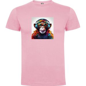 Zacht Roze T-Shirt met “ Kleurrijke Chimpansee met Bril en Koptelefoon“ Print Full Color maat 152 11/12 jaar