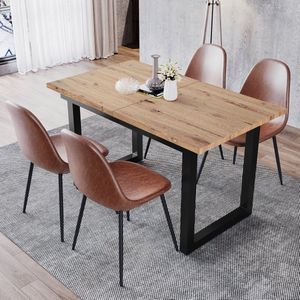 Sweiko Uitbreidbare eettafel, Industriële stijl eettafel, Rechthoekige eettafel, Koffievrijetijdstafel, Moderne en minimalistische ijzeren eettafel, ruimtebesparende multifunctionele eettafel, eiken uiterlijk+Zwart(Zonder stoelen)