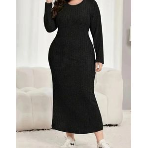 Sexy corrigerende warme geplisseerde stretch trui jurk zwart lang plus size grote maat 3XL EU 48/50