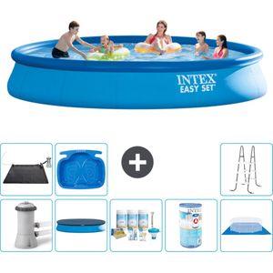 Intex Rond Opblaasbaar Easy Set Zwembad - 457 x 84 cm - Blauw - Inclusief Pomp Afdekzeil - Onderhoudspakket - Filter - Grondzeil - Solar Mat - Ladder - Voetenbad