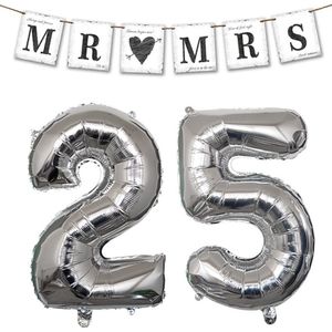 Mr and Mrs Always and Forever set 25 jaar zilver met slinger en folie ballonnen - 25 - jubileum - huwelijk - trouwen - zilver - ballon - slinger - decoratie