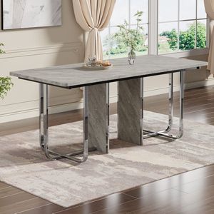 Sweiko Eettafel - MDF tafelblad - Metalen poten - Rechthoekig - Voor 6 personen - Grijs + Zilver