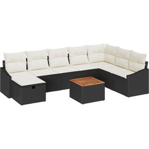 vidaXL - Tuin - Sofa - Set - Set - van - 9 - Zwart - en - Crème - Rattan, - Polyester, - Metaal
