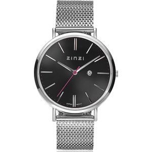 Zinzi Retro horloge zwarte wijzerplaat zilvergekleurde kast stalen mesh band 38mm extra dun ZIW401M