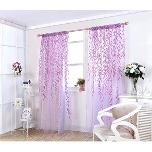 Transparant voilegordijn, decoratief gordijn voor slaapkamer, woonkamer, bladerenprint, 100 x 200 cm