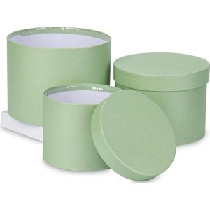 Set van 3 ronde geschenkdoosjes, bloemenbox met folie, opbergdoos met deksel, kartonnen dozen, kartonnen geschenkdoos, sieradendoos, verpakking voor bloemen, groen, Ø 15/17/20 cm