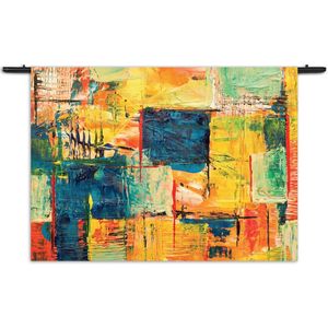 Velours Wandkleed Kunst Mondriaan Stijl Kleurrijk Rechthoek Horizontaal XL (105 X 150 CM) - Wandkleden - Met roedes