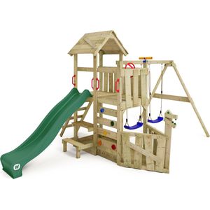 WICKEY speeltoestel klimtoestel GalleyFlyer met houten dak, schommel & groen glijbaan, outdoor klimtoren voor kinderen met zandbak, ladder & speel-accessoires voor de tuin