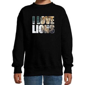 Tekst sweater I love lions met dieren foto van een leeuw zwart voor kinderen - cadeau trui leeuwen liefhebber - kinderkleding / kleding 152/164