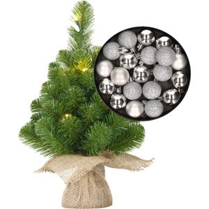 Mini kerstboom/kunstboom met verlichting 45 cm en inclusief kerstballen zilver - Kerstversiering