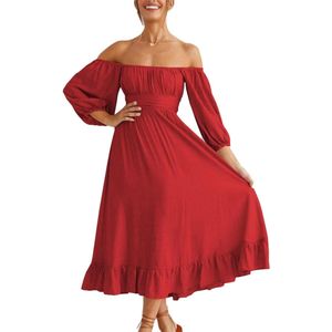 Off-shoulder Maxi-jurk met Bladerdeeg en Korte Mouwen - Vierkante Hals - Backless - Volants Zoom - Zomerjurk - S-Fel rood .