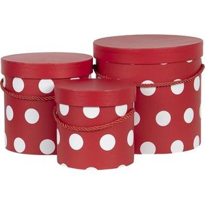 Clayre & Eef Hoedendoos Set van 3 Ø 18x17 / Ø 15x15 / Ø 12x12 cm Rood Wit Karton Rond Opbergdoos