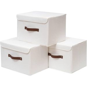 Opvouwbare linnen opbergdoos met deksel - Grote kleding- en boekenopbergmand - 33 x 23 x 20 cm - Wit (3-pack)