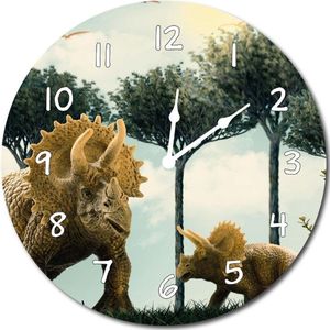 Stoere Kinderklok Dino/Dinosaurus Triceratops groen | STIL UURWERK | dieren wandklok van hout voor kinderkamer en babykamer | decoratie accessoires | jongens slaapkamer