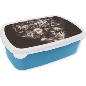 Broodtrommel Blauw - Lunchbox - Brooddoos - Bloemen - Vrouw - Natuur - 18x12x6 cm - Kinderen - Jongen