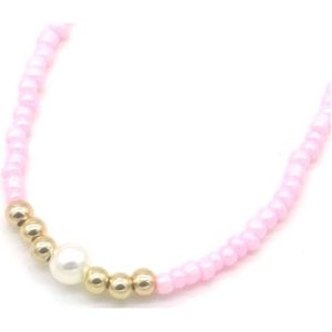 Ketting - verstelbaar - roze - parels - goudkleurig - kralen - kinderen - chique - feest - gala - zomer - vakantie - accessoire - sieraad