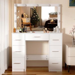 Makeup Table with Lighting and Adjustable Brightness Mirror with Large Mirror, 7 Drawers, 100 x 40 x 140 cm, White