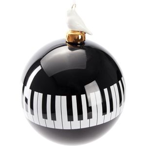 BRUBAKER Premium Kerstbal Piano - Zwart En Wit Met Porseleinen Vogelfiguur - 3,9 Inch (10 Cm) Glazen Bal - Kerstboom Bal Pianotoetsen Voor Muzikanten En Pianospelers