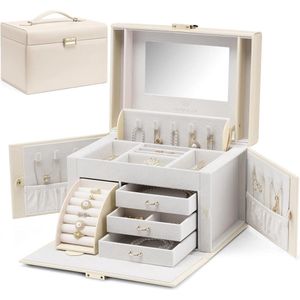 Grote barokke sieradendoos organizer met spiegel - voor meisjes en vrouwen - armbanden oorbellen ringen kettingen - Moederdag geschenken - abrikoos wit