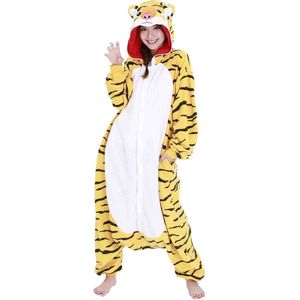 Gele Tijger Onesie Pak Kostuum Outfit Huispak Jumpsuit Verkleedpak - Premium Verkleedkleding - Halloween & Carnaval - SAZAC - Kinderen & Volwassenen - Maat Onesize voor Lichaamslengte (155-182 cm)