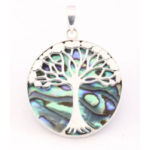 Ronde zilveren hanger met levensboom op abalone schelp