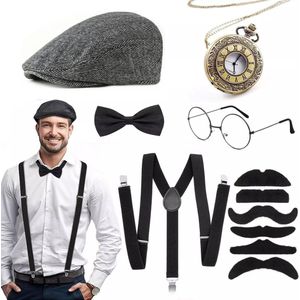 Roaring 20s Heren Accesoires Geschikt voor de Liefhebbers van Peaky Blinders Serie inc. Pet, Bretellen, Bril, Zakhorloge, Nep Snor, Vlinderdas - Jaren 20 Accessoires Mannen - Maffia Kostuum - Gangster