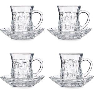 Set van 8x stuks Marokkaanse theeglazen inclusief schotel 125 ml - Theekopjes/koffiekopjes van glas - Kop en schotel transparant