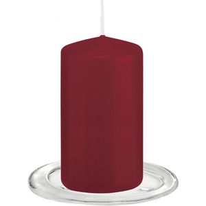 Trend Candles - Stompkaarsen met glazen onderzetters set van 2x stuks bordeaux rood 6 x 12 cm