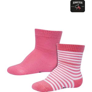 Bonnie Doon Sokken Set Gestreept en Effen voor Baby's Roze/Wit 4-8 mnd - Organisch Katoen - 2 paar - GOTS gecertificeerd - Stay-on-socks - Unisex - Jongens - Meisjes - Zakt niet Af - Strepen - 2-pack - Multipack - Pink - OL0441012.40