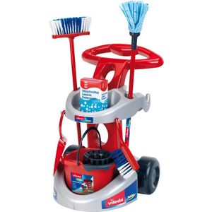 Klein Toys Vileda reinigingswagen - dweil, bezem en verscheidene huishoudelijke accessoires - 61 cm lange dweil - 55,5 cm lange bezem - rood blauw