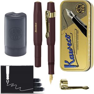 Kaweco - Cadeauset - (5delig) - Vulpen CLASSIC SPORT BORDEAUX Fountain Pen - Fine - Vintage blikje - Nostalgie Oktogonal Clip Vergoldet - Patronen houder - Vullingen