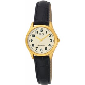 Q&Q-Dames horloge-duidelijke wijzerplaat-goudkleurig-30MM-Zwart lederen band.