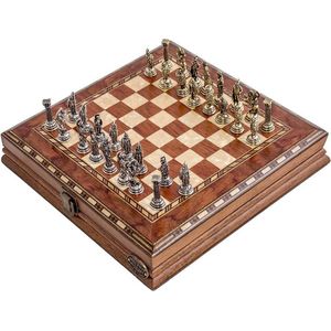 Handgemaakte houten schaakbord met opbergsysteem - Metalen Schaakstukken - Luxe uitgave - Schaakspel - Schaakset - Schaken - Chess - 25 x 25 cm
