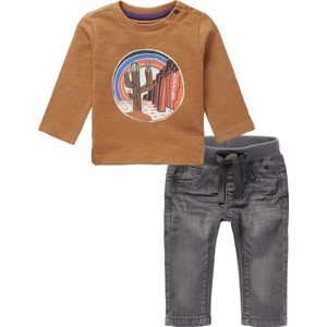 Noppies - Kledingset - 2delig - Jeans Grey denim - shirt bruin met print - Maat 74