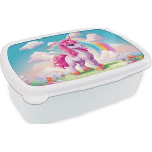 Broodtrommel Wit - Lunchbox Unicorn - Meisjes - Bloemen - Regenboog - Eenhoorn - Brooddoos 18x12x6 cm - Brood lunch box - Broodtrommels voor kinderen en volwassenen
