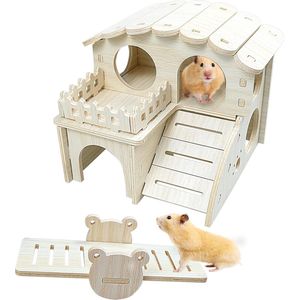2 stuks DIY houten hamsterspeelgoed, houten hamsterhuis, hamsterkauwspeelgoed, accessoires voor dwerghamsters chinchilla