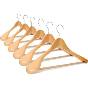 Zware houten kledinghangers met brede schouders en antislip - 6 stuks (natuurlijk) kledinghangers