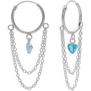 Oorbellen 925 zilver | Oorringen met hanger | Zilveren oorringen met hanger, kettinkjes en blauw hart