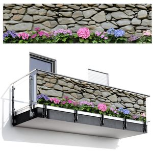 Balkonscherm 300x85 cm - Balkonposter Hortensiaâ€™s - Stenen - Muur - Bloemen - Balkon scherm decoratie - Balkonschermen - Balkondoek zonnescherm