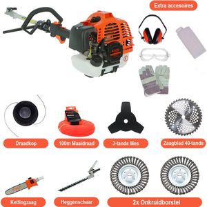 Kibani 6-in-1 Multitool incl 2 onkruidborstels- 52 cc - 1.9 PK 2-takt Benzine Motor - Heggenschaar - Kettingzaag - Grastrimmer - Maaidraad 100M - Onkruidborstel - Zaagblad - Maaidraad 100m - Bosmaaier - Combitool