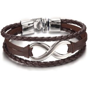 Leren Armband - Bruin Leer met Stalen Infinity Hanger - Armbanden Heren Dames - Cadeau voor Man - Mannen Cadeautjes