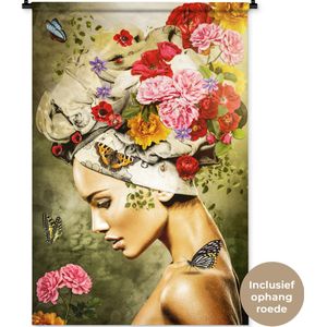 Wandkleed - Vrouw - Bloemen - Vlinder - Hoofddoek - Groen - Muurkleed - Katoen - Woondecoratie - Woonkamer - Wandtapijt - 90x135 cm - Tapestry - Wandkleden voor binnen - Muurdecoratie - Wandkleden - Wanddoek