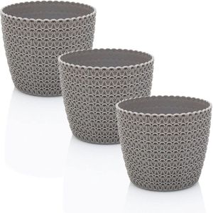 Bloempot, set van 3 x 14 cm, grijs, 30% houtgehalte, kunststof plantenpotten, plantenpot Bloempot, set van 3 x 14 cm, grijs, 30% houtgehalte, kunststof plantenpotten, plantenpot