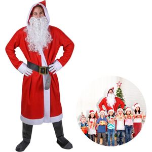 Cheqo® Kerstmanpak - Kerstmannenpak - Kerstman Kostuum - Kerstman Pak met Mantel - Baard - Overzetschoenen - Riem - Handschoenen - One Size - 5-delig