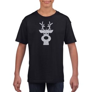 Rendier hoofd Kerst t-shirt - zwart met zilveren glitter bedrukking - kinderen - Kerstkleding / Kerst outfit 140/152