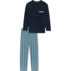 SCHIESSER Comfort Nightwear pyjamaset - heren pyjama lang biologisch katoen gestreept marineblauw - Maat: 4XL