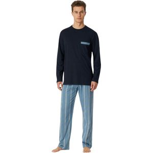 SCHIESSER Comfort Nightwear pyjamaset - heren pyjama lang biologisch katoen gestreept marineblauw - Maat: 3XL