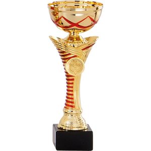 Trofee/prijs beker - rode lijnen - goud - kunststof - 22 x 8 cm - sportprijs
