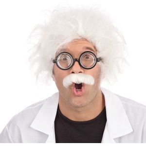 Witte Einstein pruik met snor - verkleedpruik heren - grazy professor